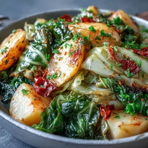 Steaming braised cabbage with potatoes and chili sits in a rustic pot, garnished with fresh parsley and lemon wedges.