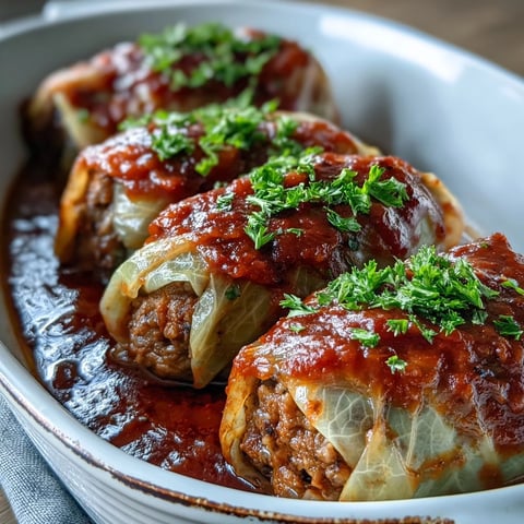 Golden-baked Cabbage Rolls in rich tomato sauce, served bubbling hot and garnished with fresh parsley.