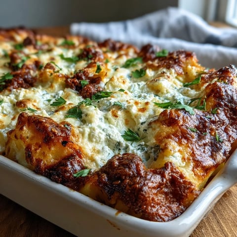 Steaming Cottage Cheese Protein Pasta Bake with Ground Beef, fresh from the oven, topped with bubbling mozzarella and fresh parsley.