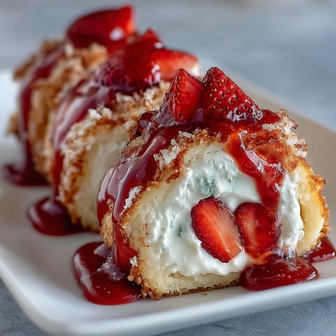 A pinwheel of Strawberry Shortcake Sushi Roll with golden crepe spirals, creamy layers, and fresh sliced berries on a white plate.