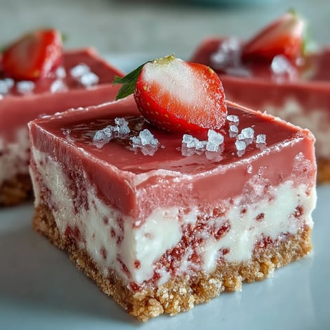 Freshly cut No-Bake Strawberry Fudge Squares on a wooden board, revealing a creamy pink center and golden graham cracker crust.