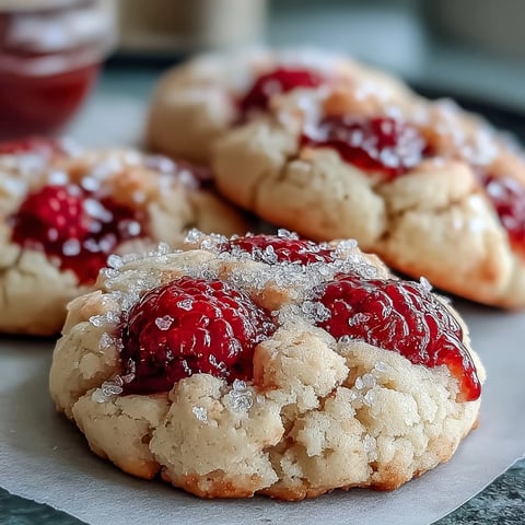 Golden Soft Chewy Raspberry Sugar Cookies with a sparkling sugar crust are arranged on a wire rack next to fresh raspberries.