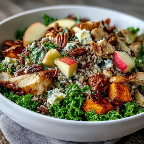 Freshly roasted chicken, crispy sweet potatoes, and massaged kale layered in a vibrant Harvest Bowl topped with apples, almonds, and goat cheese.