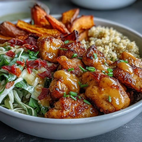 Cubed chicken thighs and caramelized sweet potatoes layered over fluffy quinoa in a white bowl.
