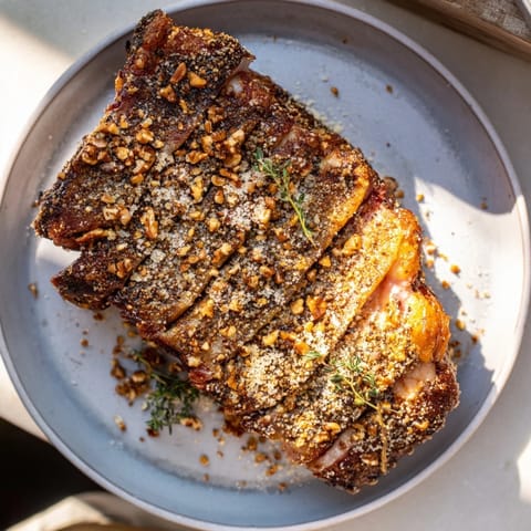 Crispy pecan crust coats the succulent Thyme and Pecan Crusted Pork Tenderloin, a delicious skillet-to-oven meal.