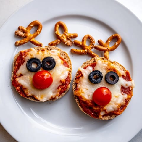 Warm, bubbling Reindeer Face Pizza Bagels, featuring mozzarella, tomato noses, and playful pretzel antlers.