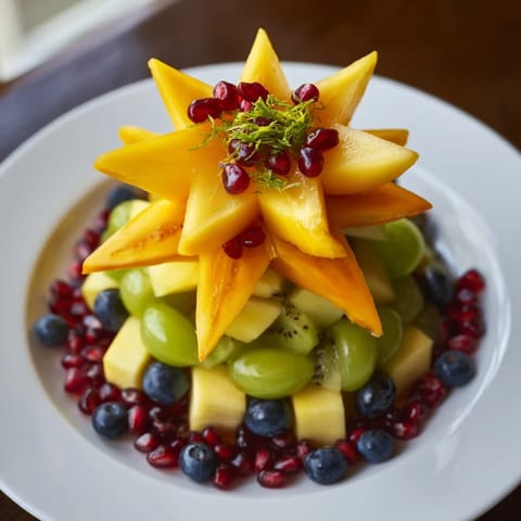A colorful close-up of the pomegranate and mint star fruit platter, perfect for a light, healthy dessert.