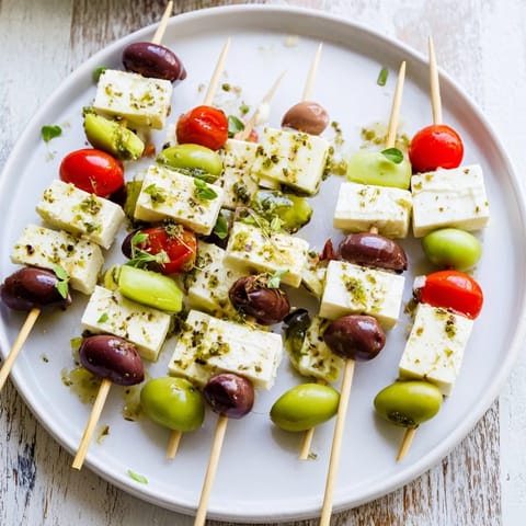 Freshly assembled Holiday Cheers Olive and Feta Skewers, ready to be drizzled with flavorful olive oil.