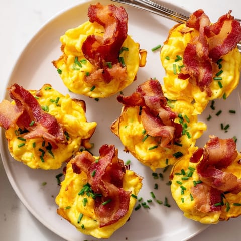 Delicious, fluffy Scrambled Egg Cups with bacon garnish, perfect for a quick and satisfying breakfast.