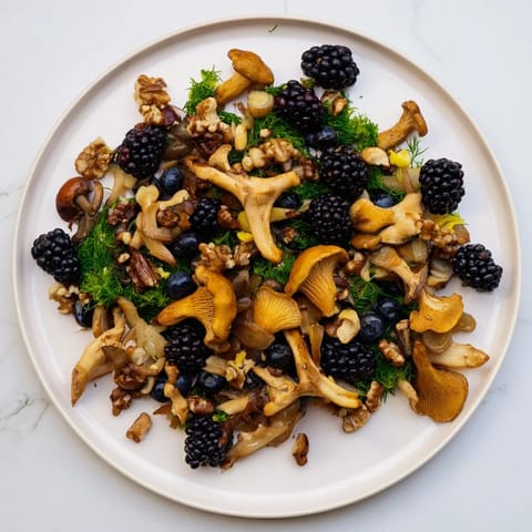 A beautiful Northwest Forest Forager featuring wild mushrooms and vibrant berries with fresh herb "moss" and nuts.