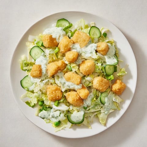 A close-up shot of the refreshing Green Goddess Nugget Salad with a creamy green dressing drizzled.