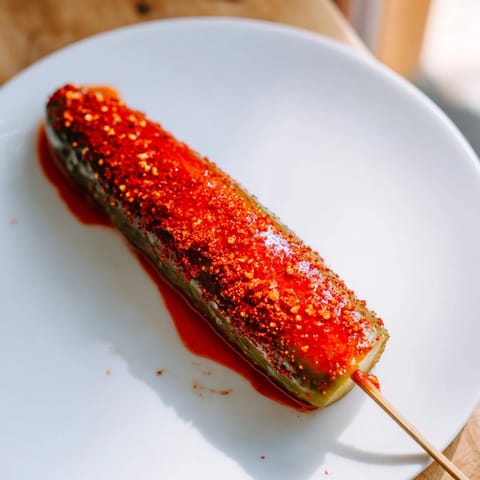 These bright red Chamoy-Tajín pickle sticks offer a sweet, sour, and spicy Mexican-inspired flavor explosion.