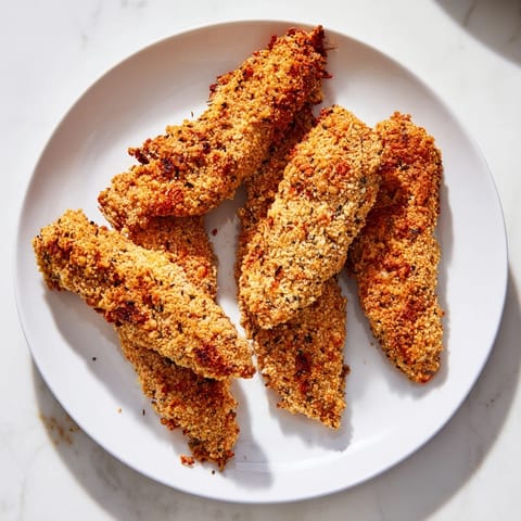 Close-up of perfectly cooked crispy air-fried chicken tenders showing a delicious, crunchy crust.