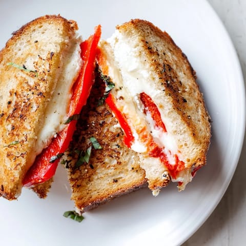 A close-up of a delicious roasted red pepper grilled cheese, ready to be sliced and enjoyed.