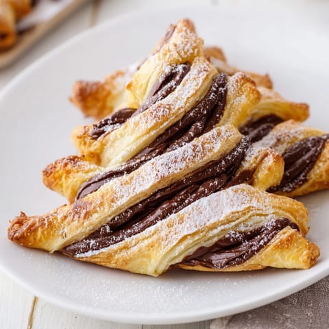 See delightful, golden-brown Nutella Pastry Christmas Trees dusted with powdered sugar, ready for a cozy dessert.