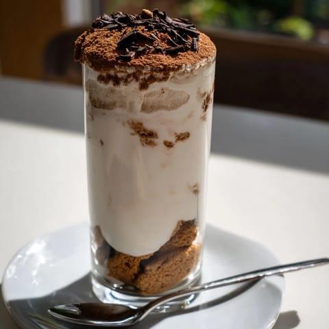A beautifully layered Tiramisu Latte, featuring airy mascarpone cream and espresso-soaked biscuit crumbles.