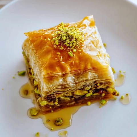 Close-up of Turkish Hazelnut & Pistachio Baklava: layers of nuts and phyllo pastry, baked golden brown.