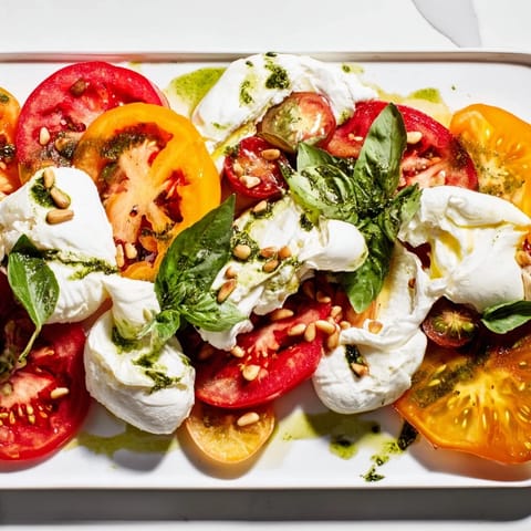 Colorful heirloom tomatoes, torn burrata, and toasted pine nuts on a wooden board for a fresh summer appetizer.
