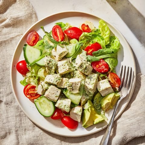 Green Goddess Chicken Salad served on a white platter, featuring juicy baked chicken, creamy avocado, and fresh cherry tomatoes tossed in herby dressing.