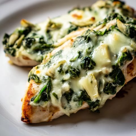 Tender chicken breasts smothered in a vibrant green spinach and artichoke mixture, baked to perfection in a rustic dish.