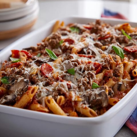 High Protein Italian Beef and Pasta Bake is served hot and bubbling in a 9x13 inch dish, loaded with lean ground beef, red bell peppers, and spinach for a colorful, family-style dinner.