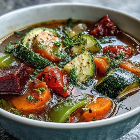 Colorful Rainbow Vegetable Detox Soup bursting with fresh garden flavors and healthy goodness.