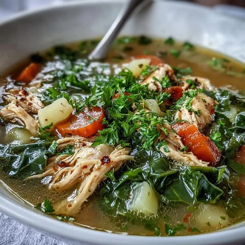 A bowl of steaming Collard Greens, Chicken and Vegetable Soup, featuring tender shredded chicken, diced potatoes, and vibrant green collards in a clear broth.