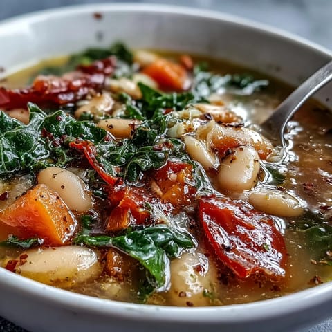 Hearty Mediterranean White Bean Stew overflowing with tender beans and vibrant vegetables.