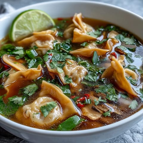 Hot Tom Yum Wonton Soup is topped with lime wedges, fresh cilantro, and chili oil for a spicy kick.