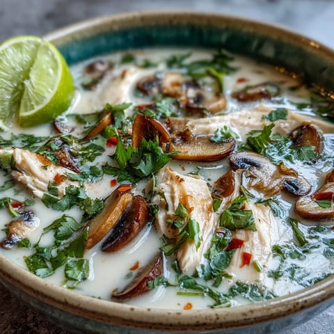 Creamy Authentic Tom Kha Gai served in a white bowl with lime wedges and Thai chilies nearby.