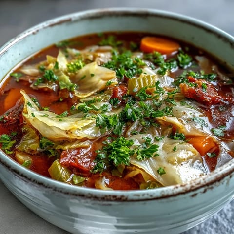 A ladle pours Classic Cabbage Soup next to crusty rye bread and fresh parsley garnish.