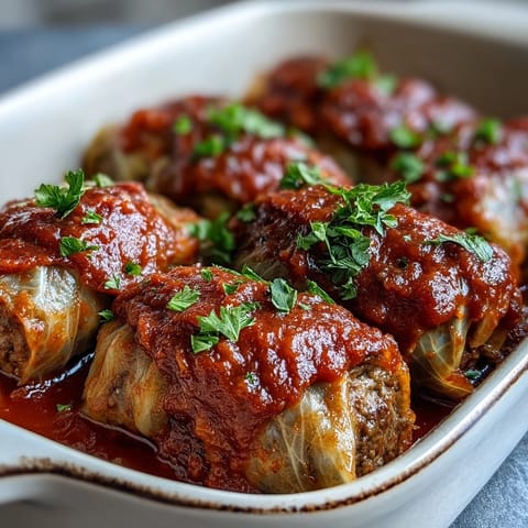 Hearty Cabbage Rolls stuffed with savory meat and rice, perfectly browned in a baking dish.