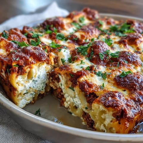 Golden, bubbling mozzarella blankets a hearty scoop of Cottage Cheese Protein Pasta Bake with Ground Beef on a ceramic plate.