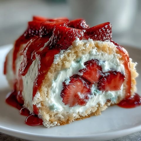Ready-to-eat slices of fusion Strawberry Shortcake Sushi Roll garnished with mint and drizzled with sweet strawberry sauce for dessert.