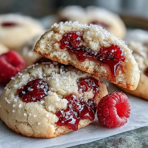 Two Soft Chewy Raspberry Sugar Cookies show their chewy interior and bursts of bright red berry on a rustic wooden board.