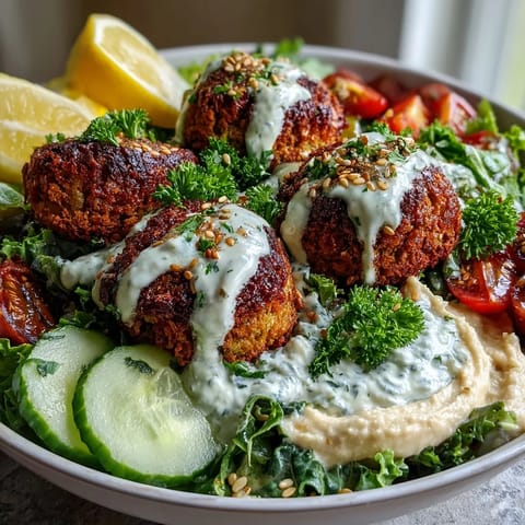 Crispy golden falafel balls rest on creamy hummus and tangy tzatziki, topped with fresh salad greens and drizzled with tahini sauce for a vibrant vegetarian bowl.