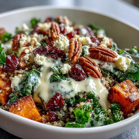 Golden roasted sweet potatoes, fluffy quinoa, and crisp kale in a Harvest Kale Quinoa Bowl topped with crunchy pecans and tangy blue cheese.