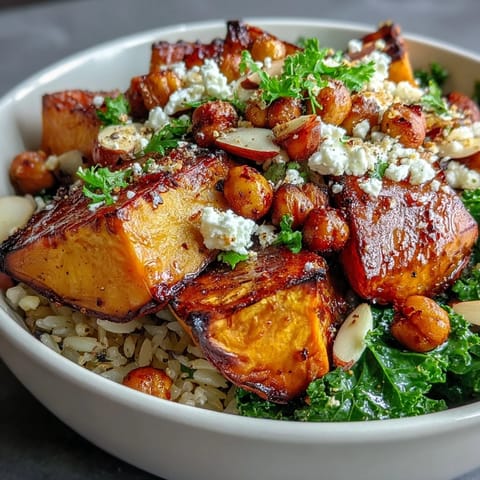 Fall Harvest Bowl with roasted sweet potatoes, kale, wild rice, Brussels sprouts, and crumbled feta on a white plate.