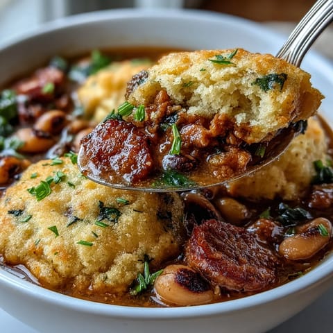 A hearty bowl of Black-Eyed Peas and Sausage Dumplings topped with fluffy golden dumplings and sliced smoked sausage.