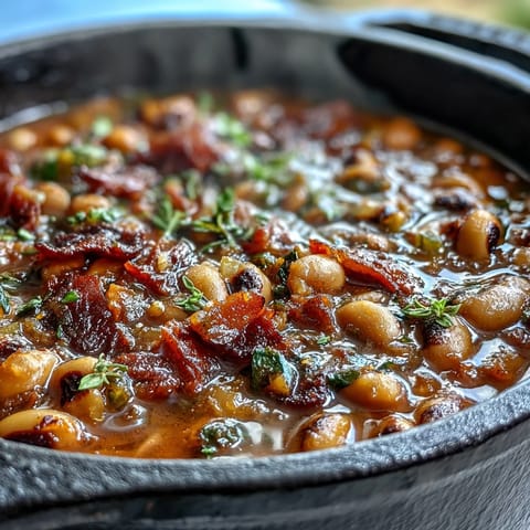 Bowl of Big Pot of Texas Black-Eyed Peas, garnished with fresh cilantro and green onions, ready for a Southern family meal.
