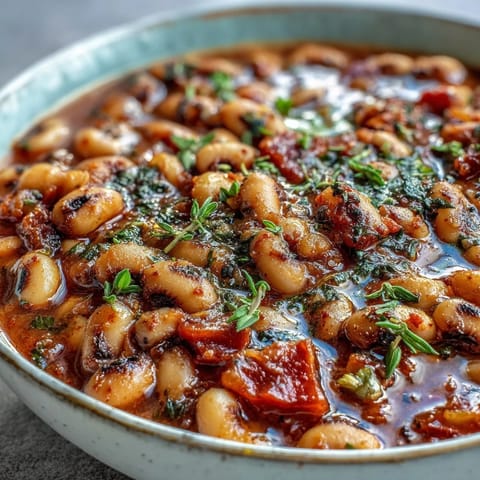 Freshly cooked Greek-Style Slow Cooker Black-Eyed Peas in a rustic bowl, garnished with crumbled feta and chopped parsley.