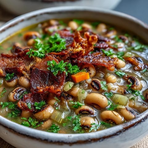 A close-up of Black-Eyed Peas and Bacon Soup in a rustic bowl, garnished with fresh parsley and crispy bacon bits.