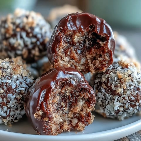 These no-bake Moose Bites show rich chocolate chips, coconut, and sweetened condensed milk.