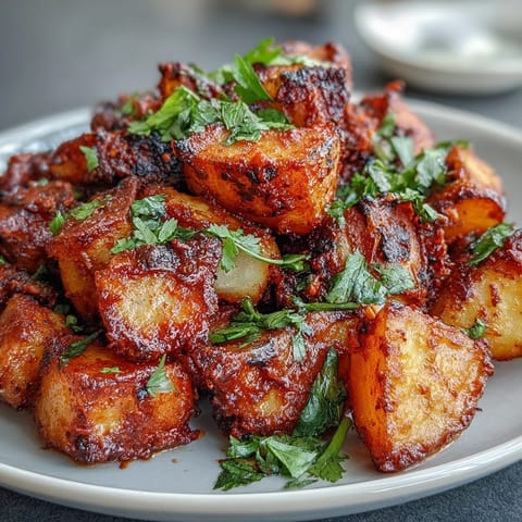 Crispy roasted potatoes coated in chili-lime spices served as a flavorful street-food-style snack.