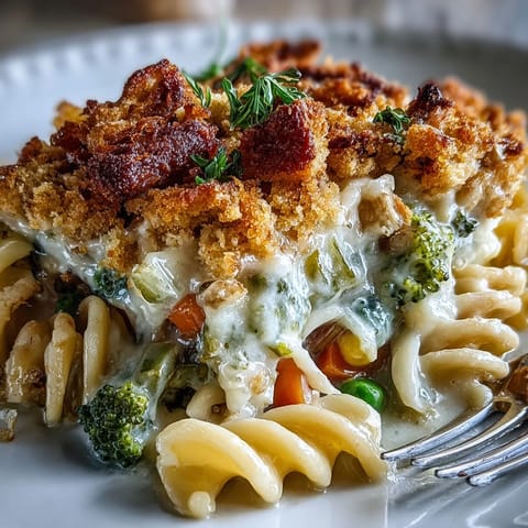 Freshly broiled Creamy Veggie Pot Pie Pasta served steaming hot from the skillet with golden biscuit crumbs.