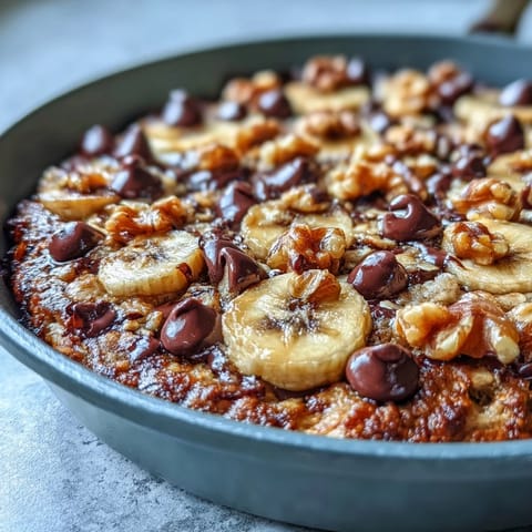 A freshly baked Chunky Monkey Oatmeal Cookie Skillet in a cast iron pan with banana slices and walnuts.