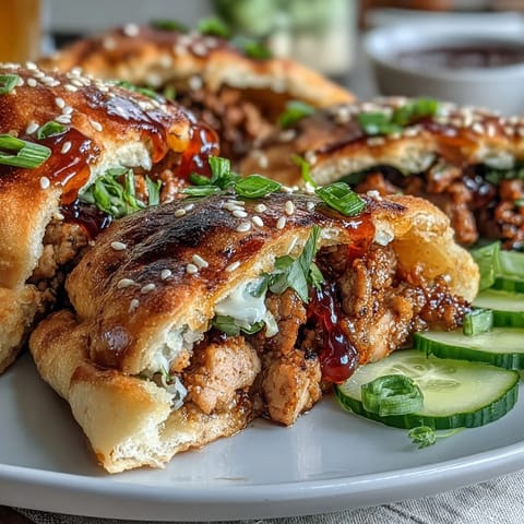 Golden brown turkey pockets filled with spicy Korean flavors, garnished with cilantro and sesame seeds for a quick fusion meal.