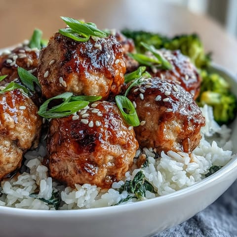 Sticky honey garlic sauce coats tender turkey meatballs over jasmine rice with steamed broccoli florets.