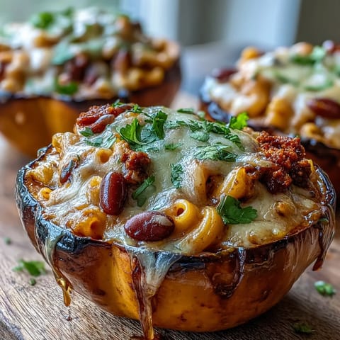 Four hearty stuffed squash halves are plated on a rustic wooden board, garnished with fresh cilantro and an extra glistening drizzle of hot honey.