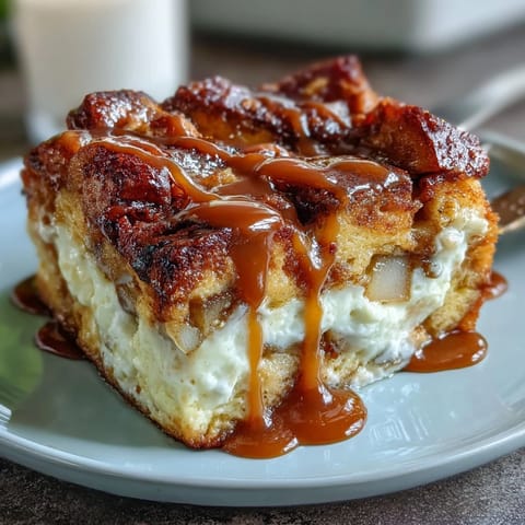 Slices of warm Caramel Apple Cheesecake Bread Pudding are served on a rustic plate, ready for a scoop of vanilla ice cream to melt over the soft, spiced bread.